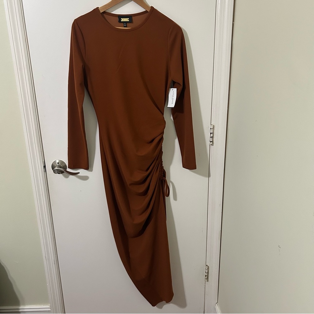 Alexia Admor | Elegant Brown Ruched Long Sleeve Maxi Dress | Size Medium NWT